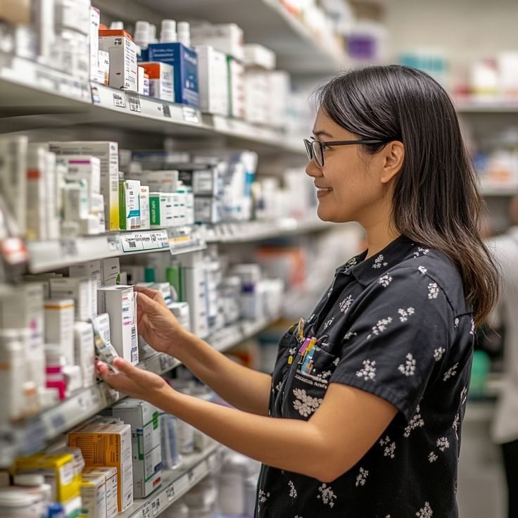 Pharmacist selecting stock from a shelf